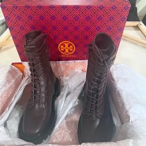 Tory Burch Dark Burgandy Lace-Up Leather Combat Boots Perfect Condition Luxury